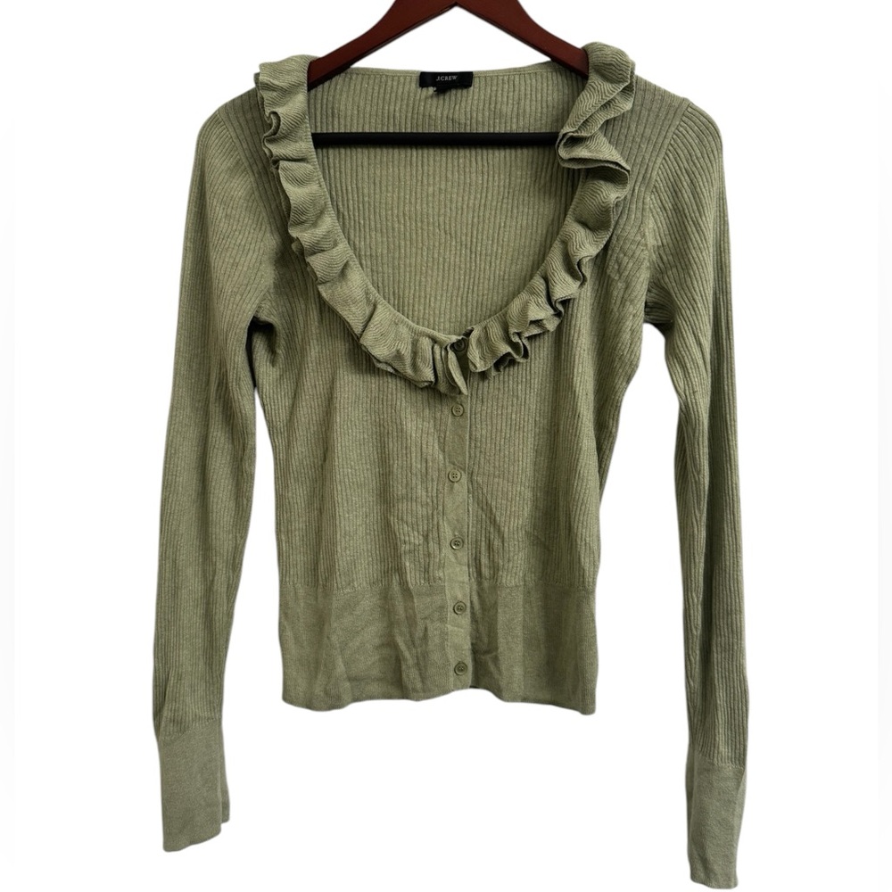 J. Crew green ruffle silk/cashmere blend button front ribbed cardigan size M